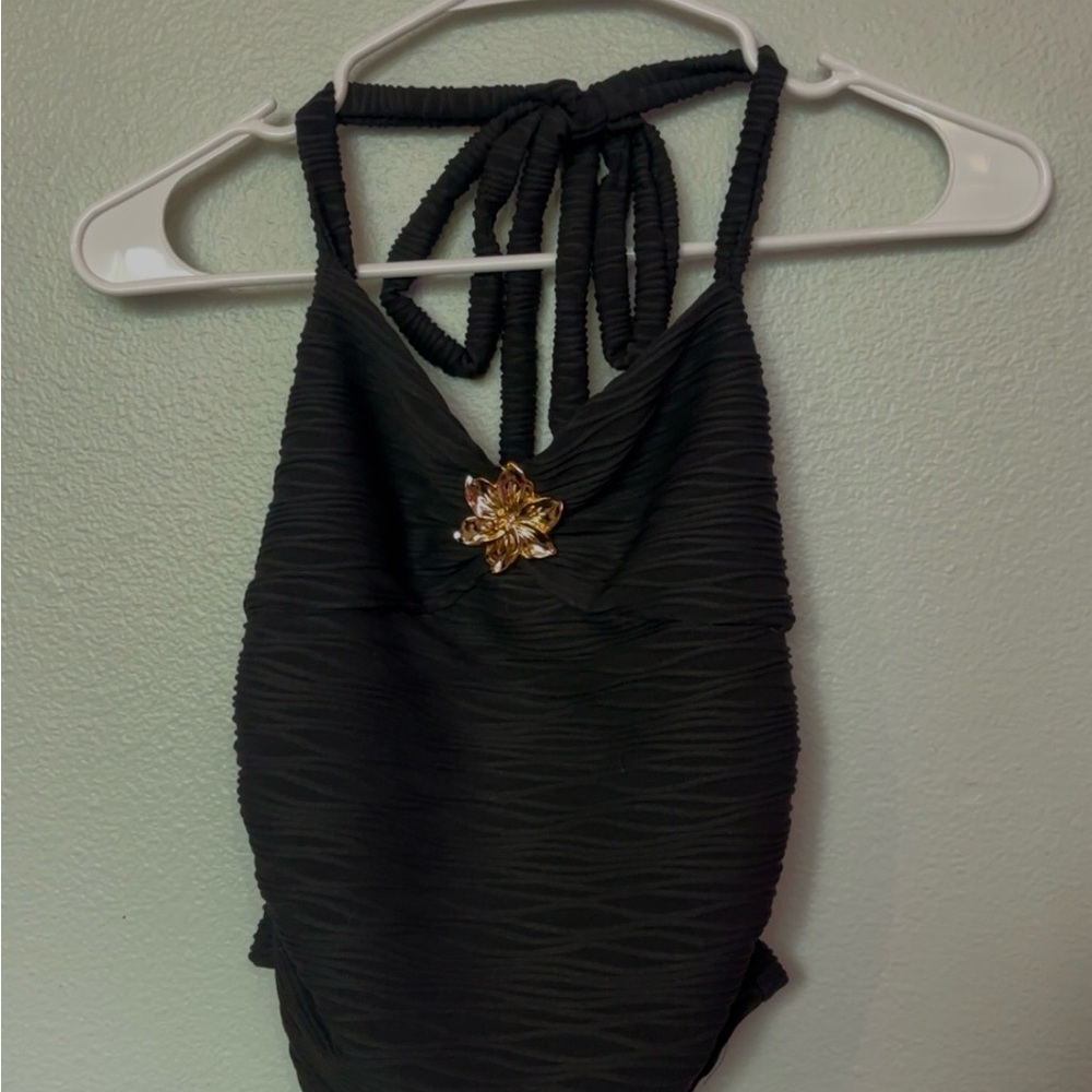 Black Halter Swimsuit with Gold Flower Accent